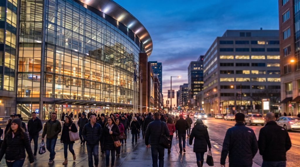 Crowd heading to an arena event at dusk in downtown DC