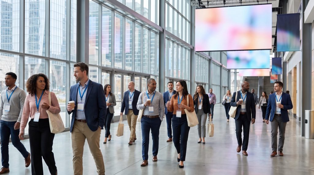 Conference attendees in a convention center concourse