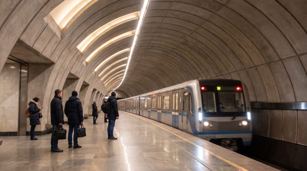 Metro platform with a train arriving, illustration of travelling to Jars DC by Metro