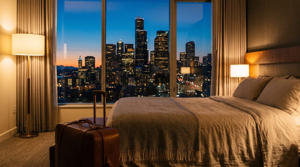 Hotel room with a downtown city view