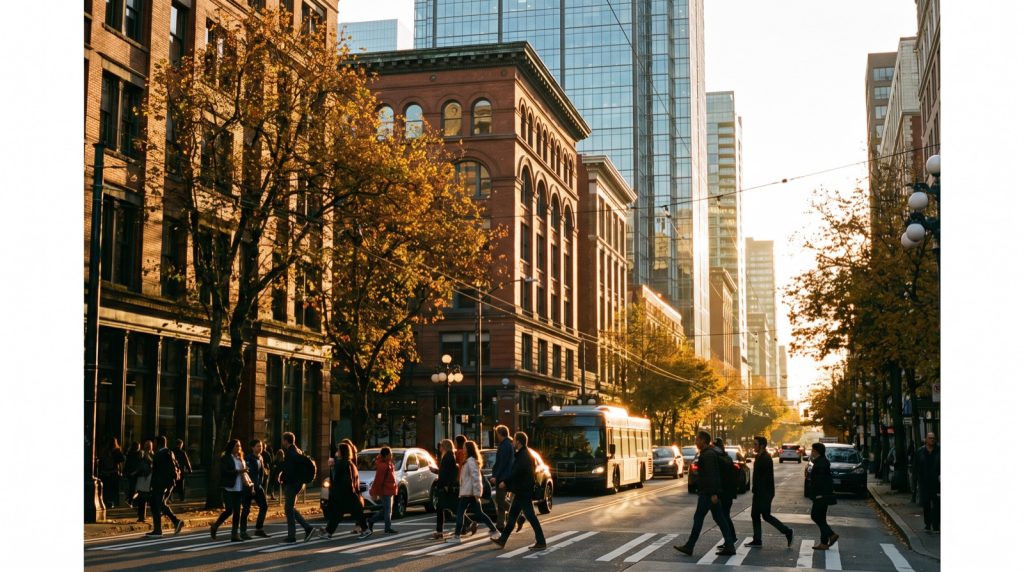 Downtown city street at golden hour near Jars DC in Chinatown