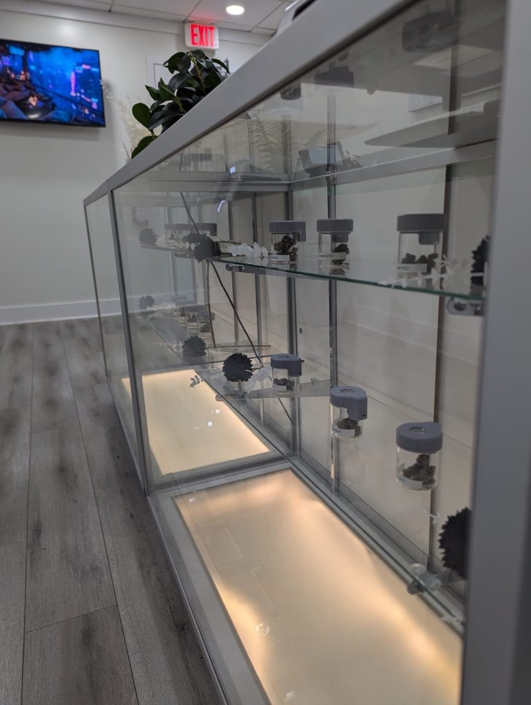 Display case of cannabis products at Jars DC in Washington DC