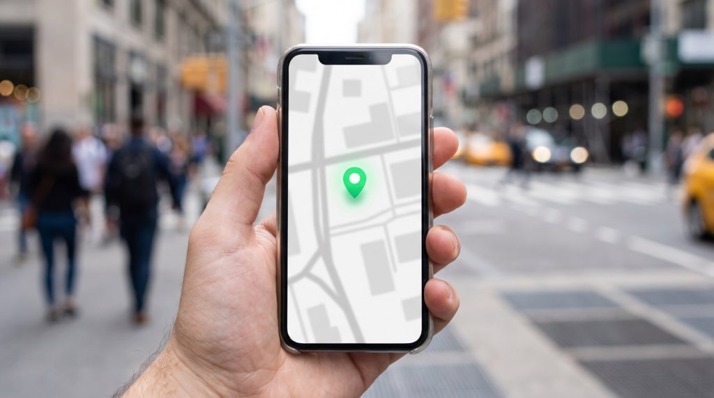 Phone showing a map pin on a downtown street