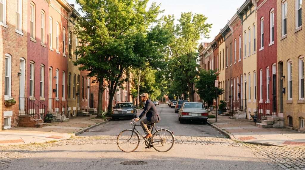 Row houses on a tree-lined city neighborhood street