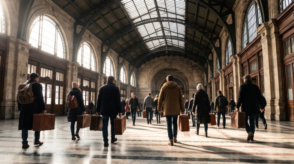 Travellers in a grand train station hall